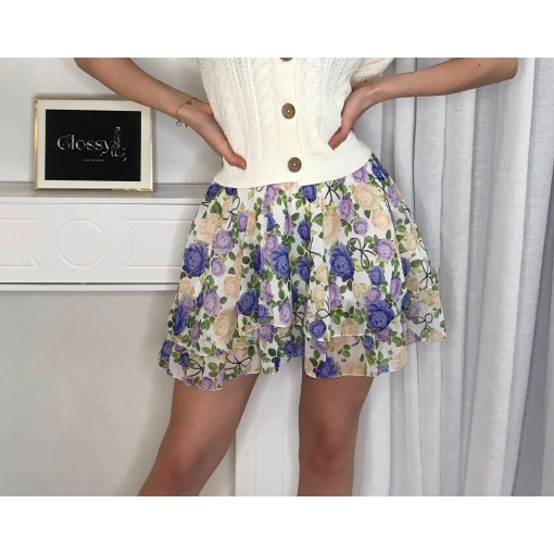 SZYFONOWA KRÓTKA SPÓDNICA ECRU W DUŻE FIOLETOWE KWIATY