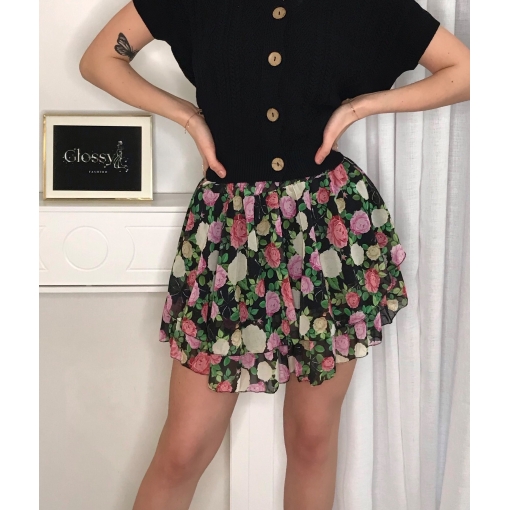 SZYFONOWA KRÓTKA SPÓDNICA CZARNA W DUŻE KWIATY